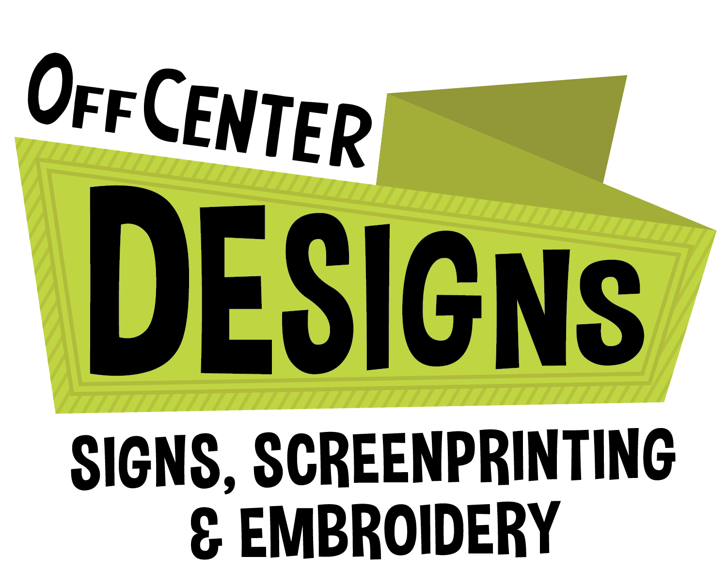 A logo for off center designs signs screenprinting and embroidery