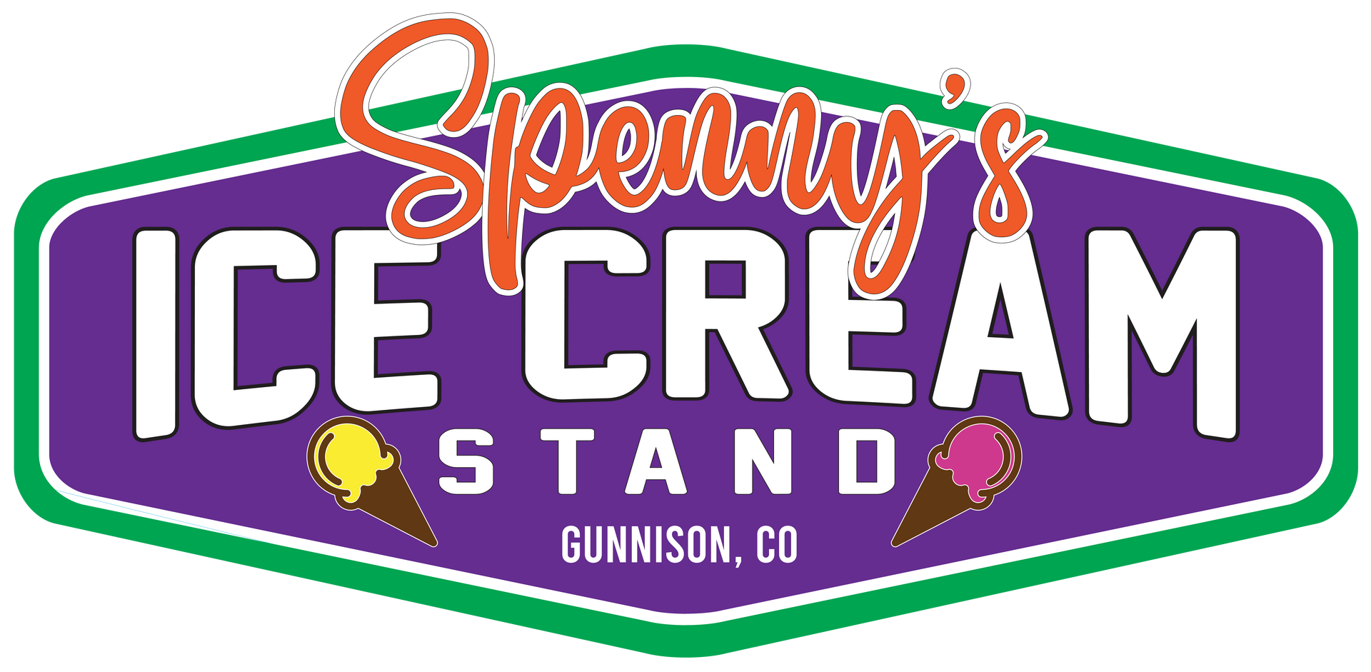 The logo for penny 's ice cream stand is purple and green.