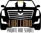 A black and white logo for lux limo private ride service.