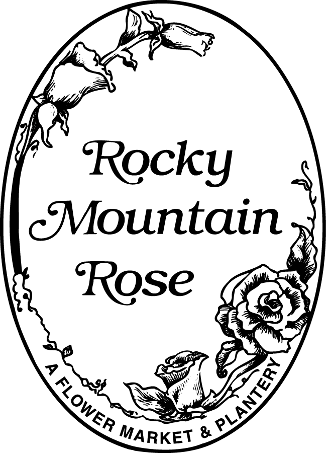 a black and white logo for rocky mountain rose a flower market and plantery .