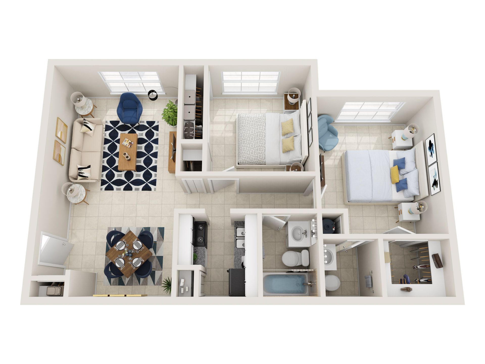 Hawks Landing Floor Plan 2 bed 1.5 bath 3d