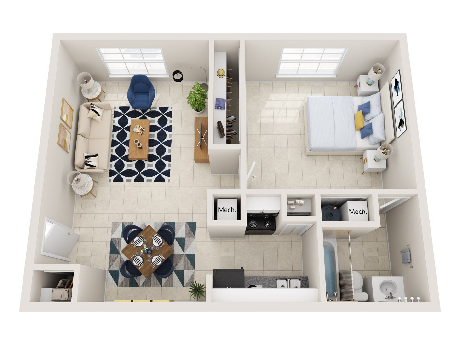 Hawks Landing Floor Plan 1 bed 1 bath 3d