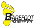 A logo for barefoot carpet co. with a yellow footprint