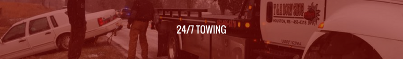 Towing truck with a white vehicle being loaded. Text reads "24/7 Towing".