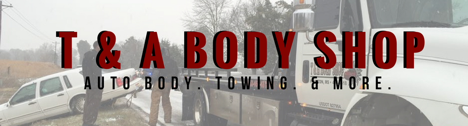 T & A BODY SHOP logo. Auto body, towing, and more. A tow truck with a car on the side of the road.