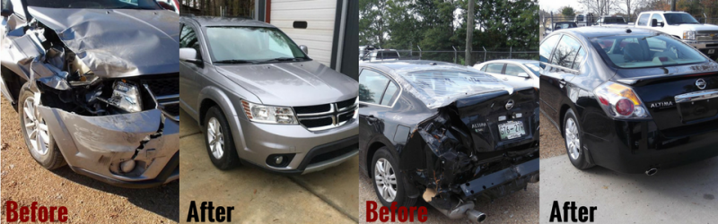 Before and after photos of car damage. Grey SUV and black sedan are repaired.