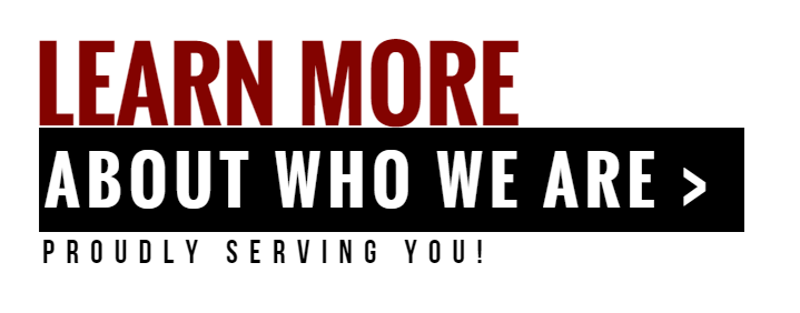 Learn more about who we are button, maroon text on white background, black box with white text.