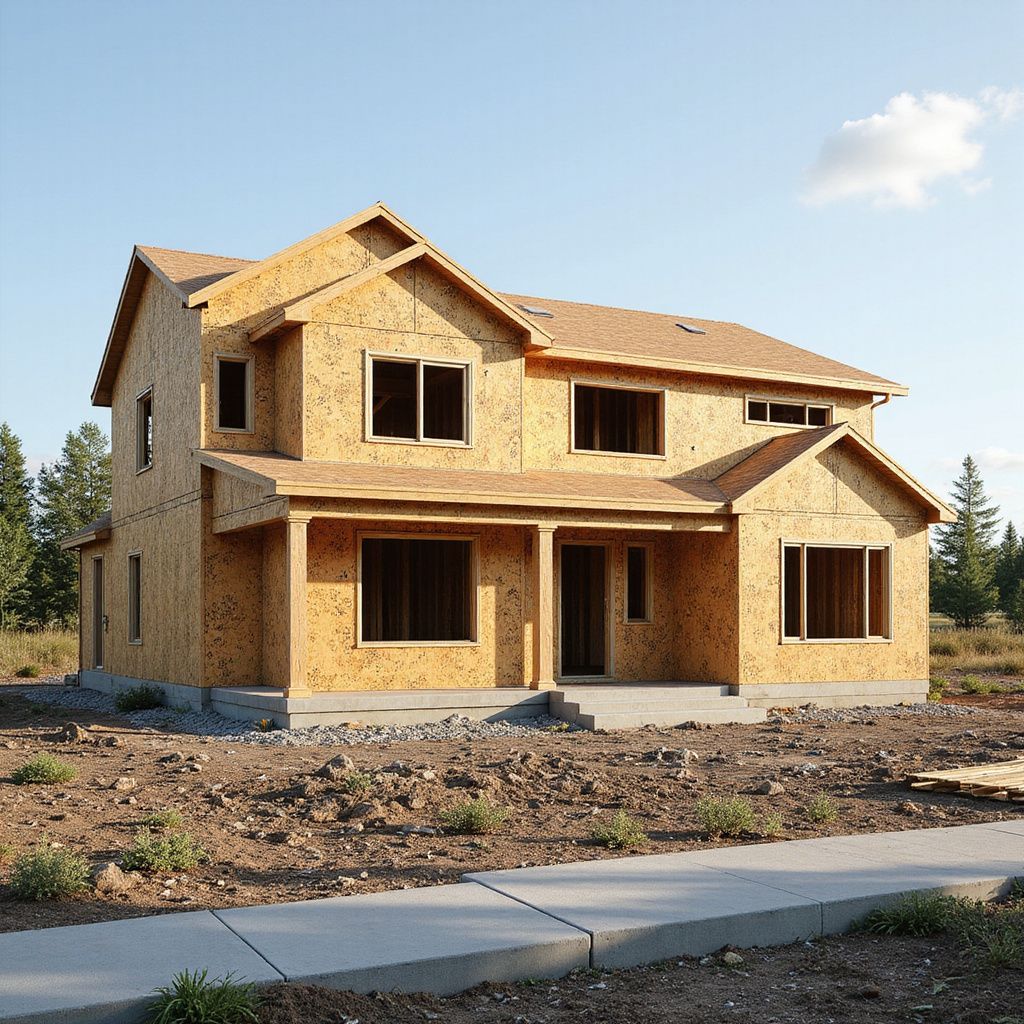 Two-story house under construction, with exposed wooden frame and OSB sheathing, on a vacant lot.