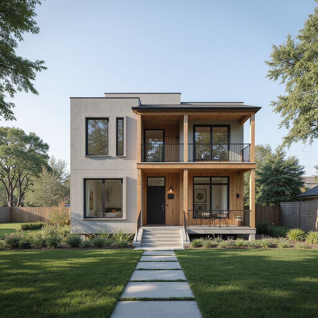 Two-story modern house with a light-colored stucco exterior, wooden accents, and a front balcony.