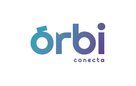Um logotipo azul e roxo para orbi conecta em um fundo branco.