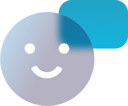 Um rosto sorridente com um balão de fala azul atrás dele.