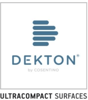 Logo for Dekton ultracompact surfaces; blue stacked horizontal lines forming a stylized