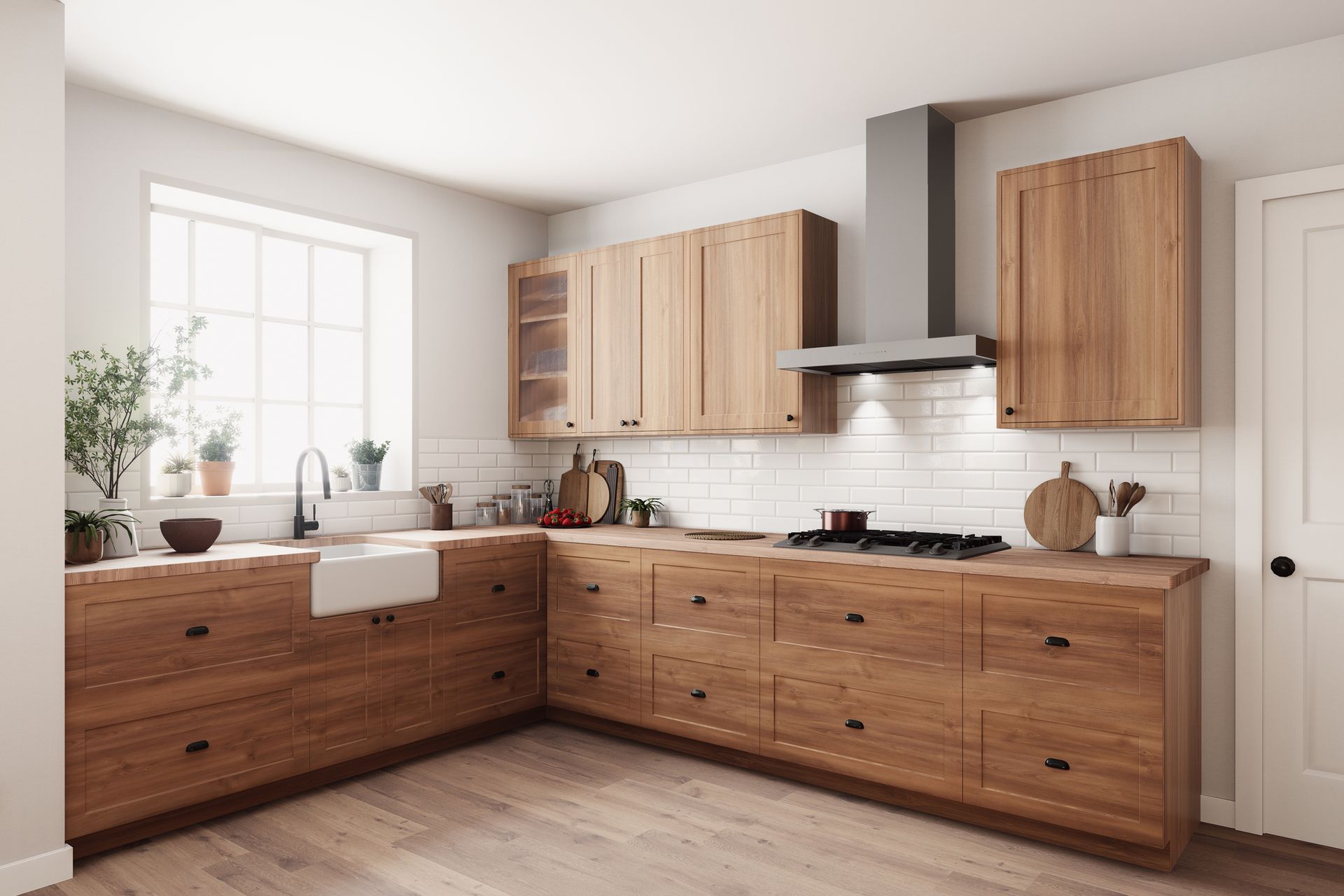 Modern kitchen with light wood cabinets, black handles, and white tile backsplash.