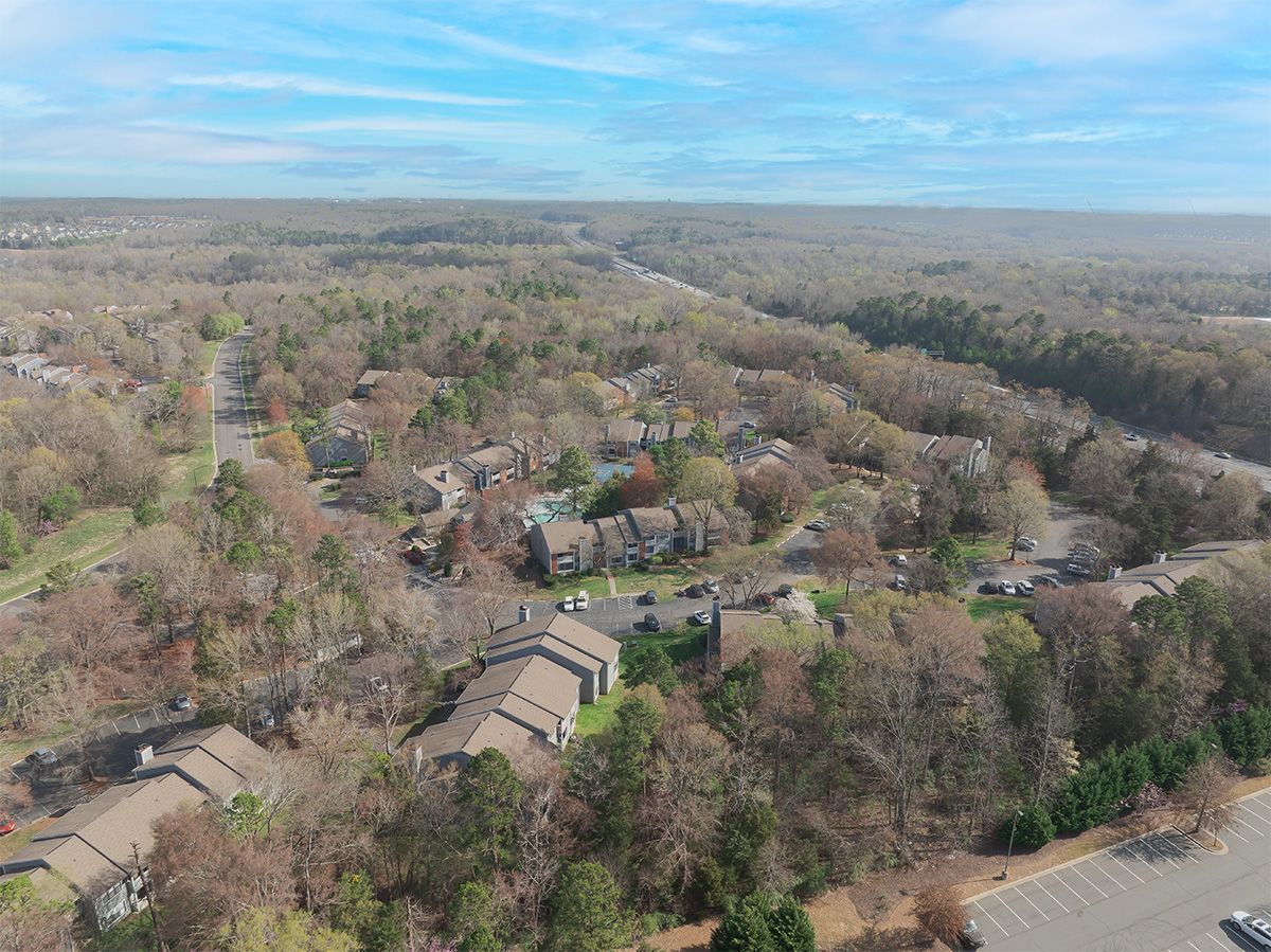 Aerial view of a residential area surrounded by trees under a blue sky.