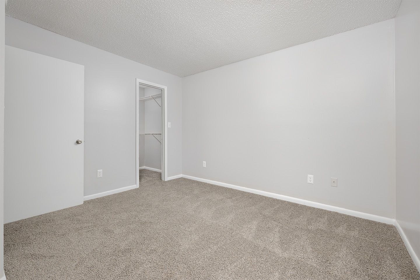 Empty bedroom with gray walls and carpet, white door and closet.