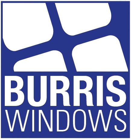 Blue square logo: white abstract window design above