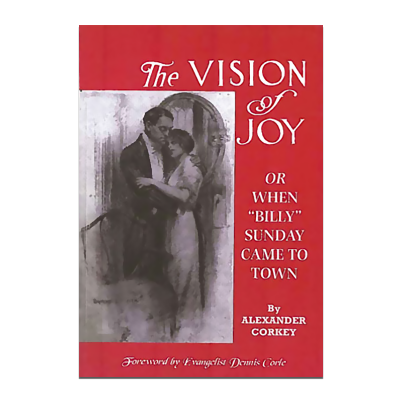Book cover titled The Vision of Joy by Alexander Corkey, featuring a monochromatic illustration of a couple embracing.