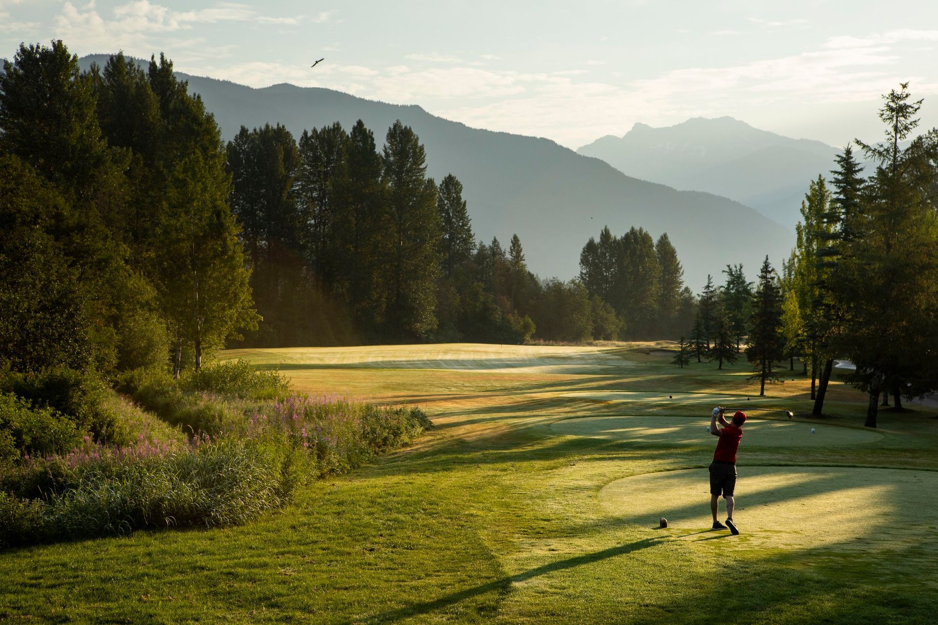 Golfer teeing off, symbolizing how Fairway Control’s smart scheduling supports smooth starts and consistent pace of play.