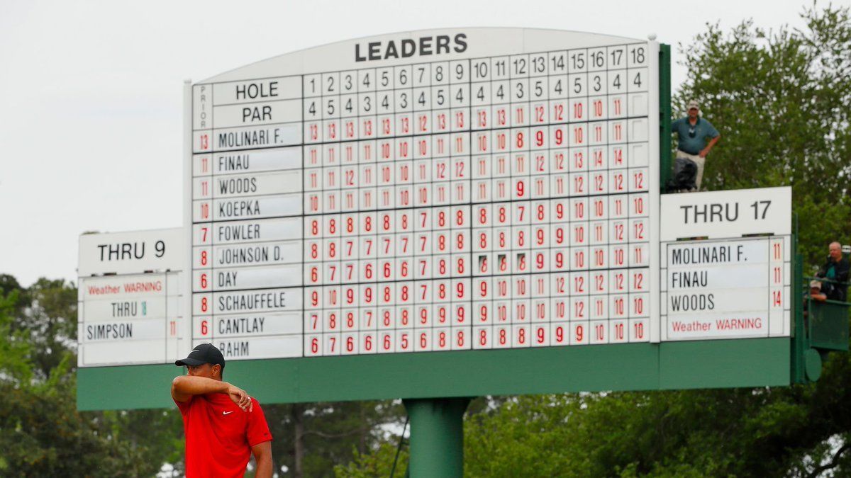 Tiger Woods in front of the 2019 Masters leaderboard before his historic victory at Augusta National Golf Club.
