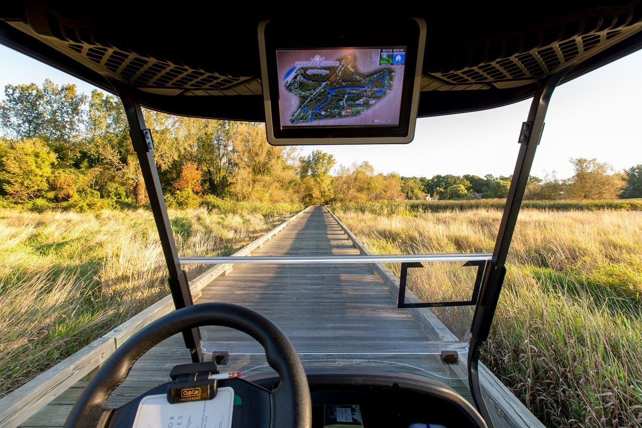 Golf cart at The Golf Club at Harbor Shores in Benton Harbor, MI featuring a built-in electronic course map display