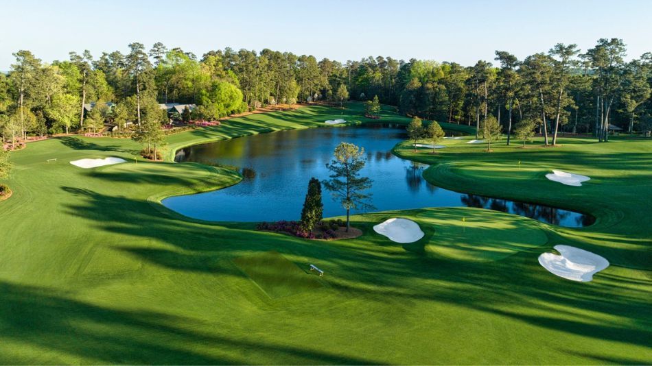 Aerial view of Augusta National with its lush fairways and iconic greens.