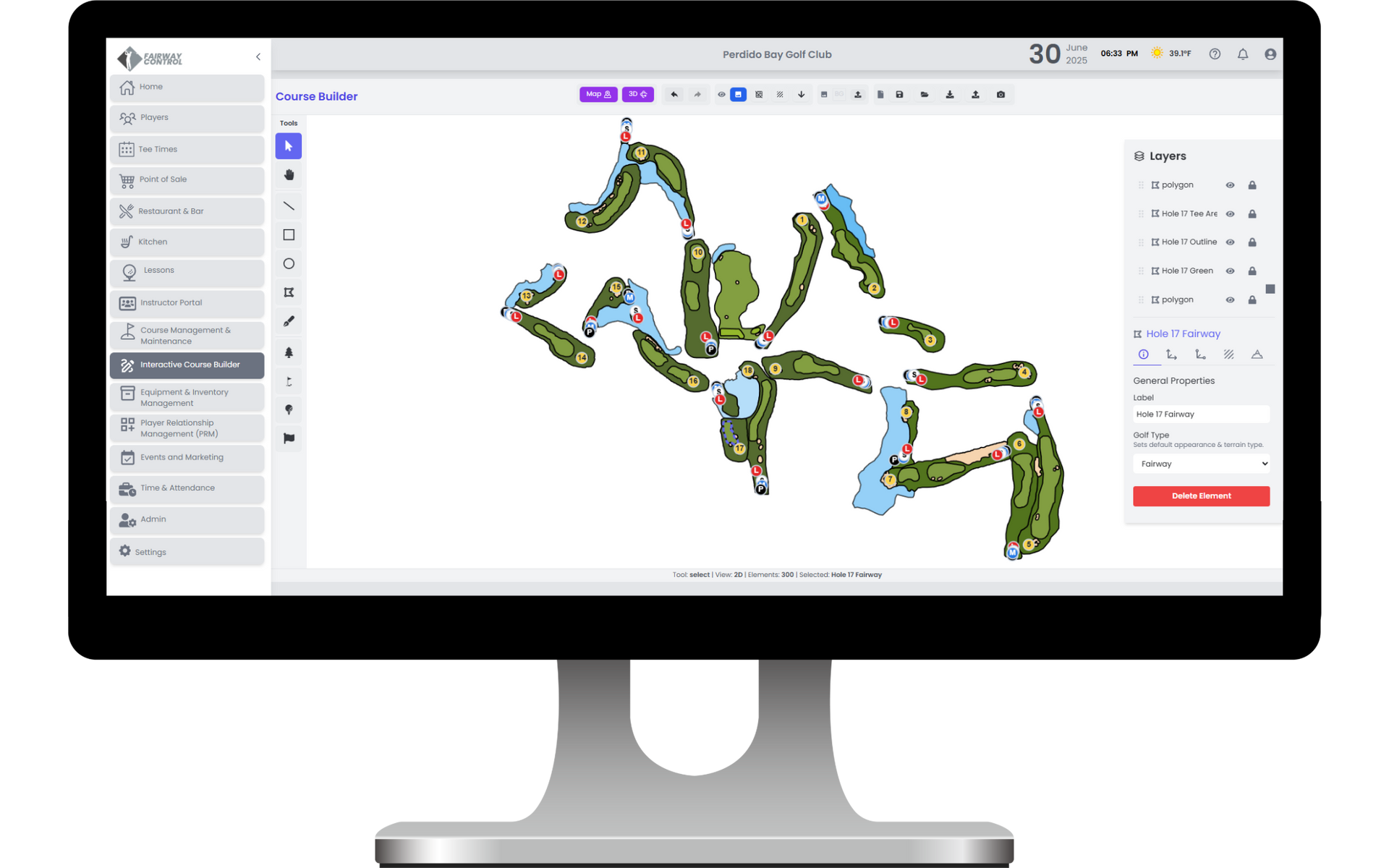 Interactive Golf Course Builder and golf course design tool shown on desktop for customizing course layout.
