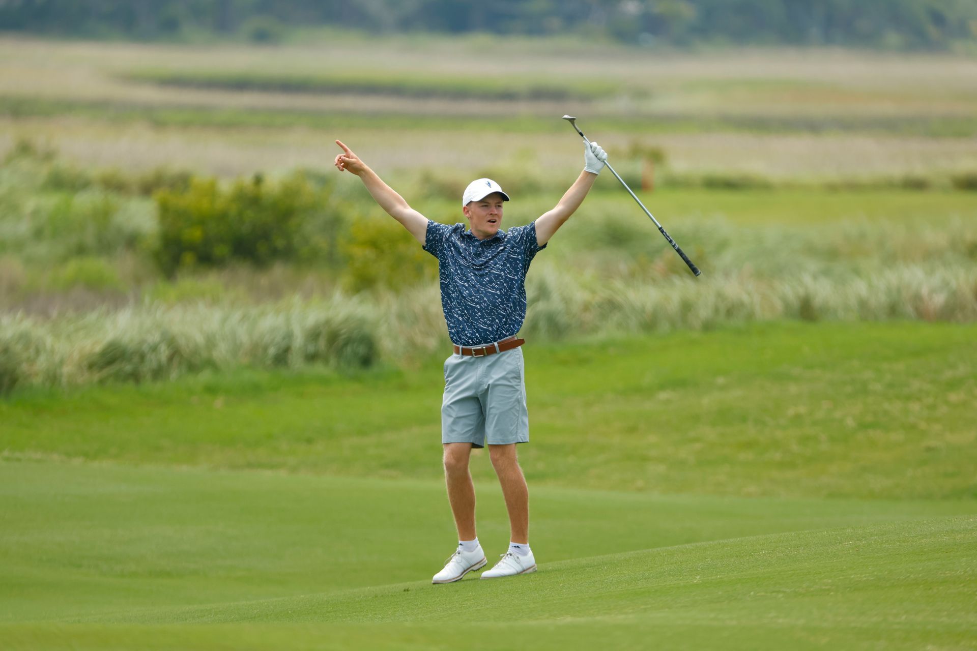 Tyler Goecke celebrates after holing out on 15 at the 2023 U.S. Amateur Four-Ball.