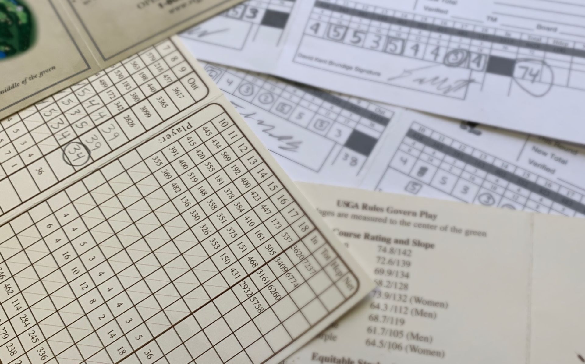 Stack of official golf scorecards showing holes, pars, and scores used for handicap tracking