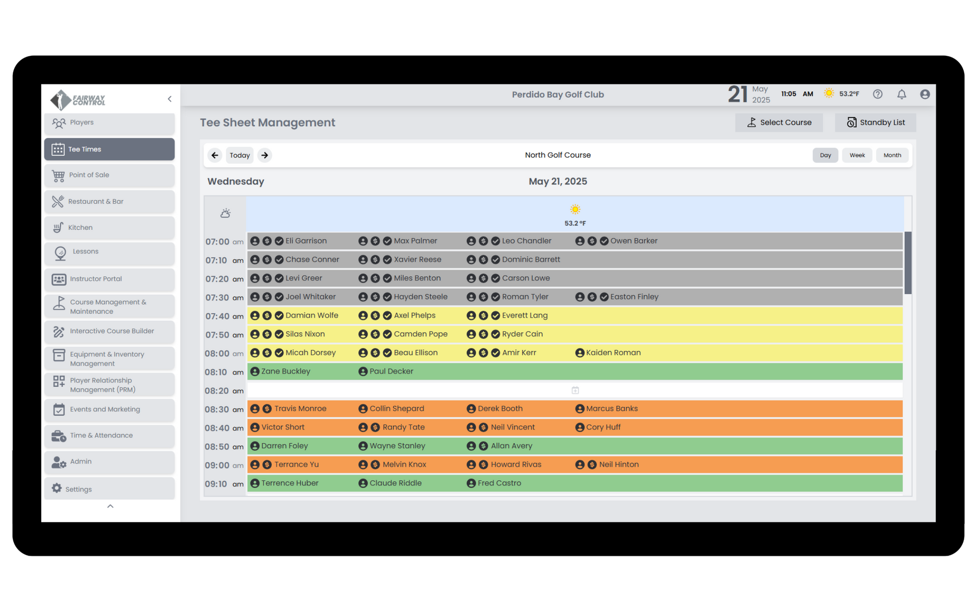 Fairway Control's daily tee sheet with color-coded tee time slots and live weather in the golf tee time booking system.