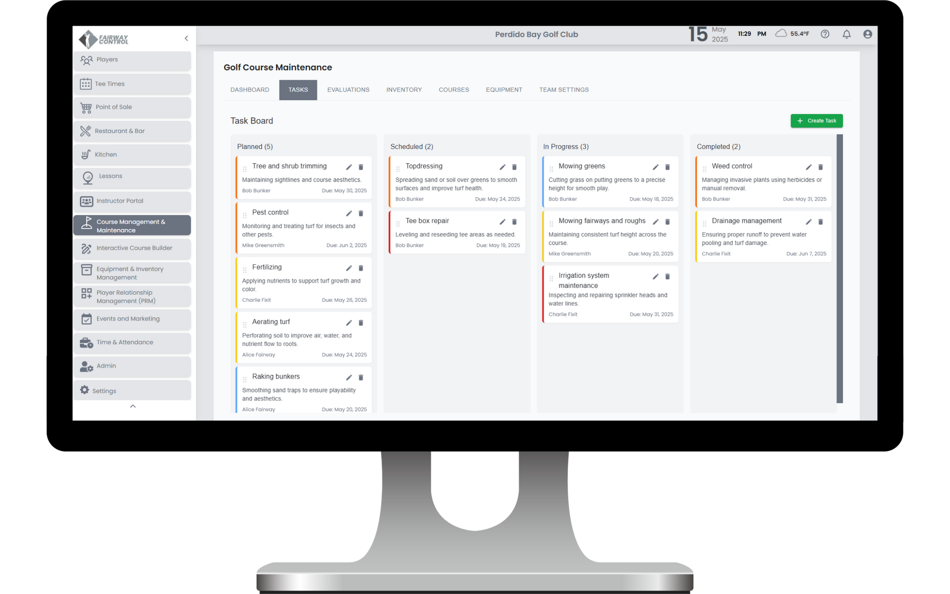 Golf course maintenance software dashboard for managing tasks, staff, and turf care on PC.