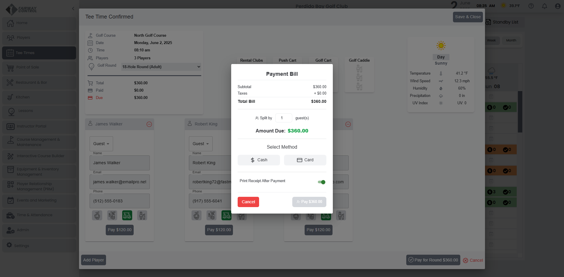 Process cash & secure credit card payments within Fairway Control's tee time booking software. No additional software needed.
