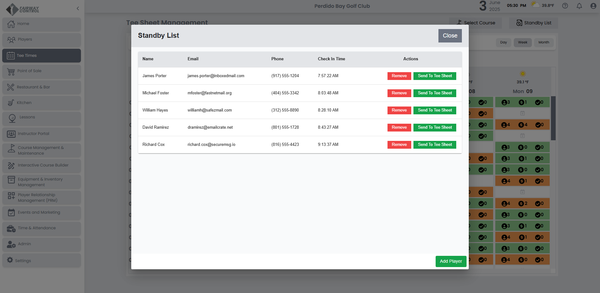 Integrated standby list in Fairway Control's online tee time booking system.