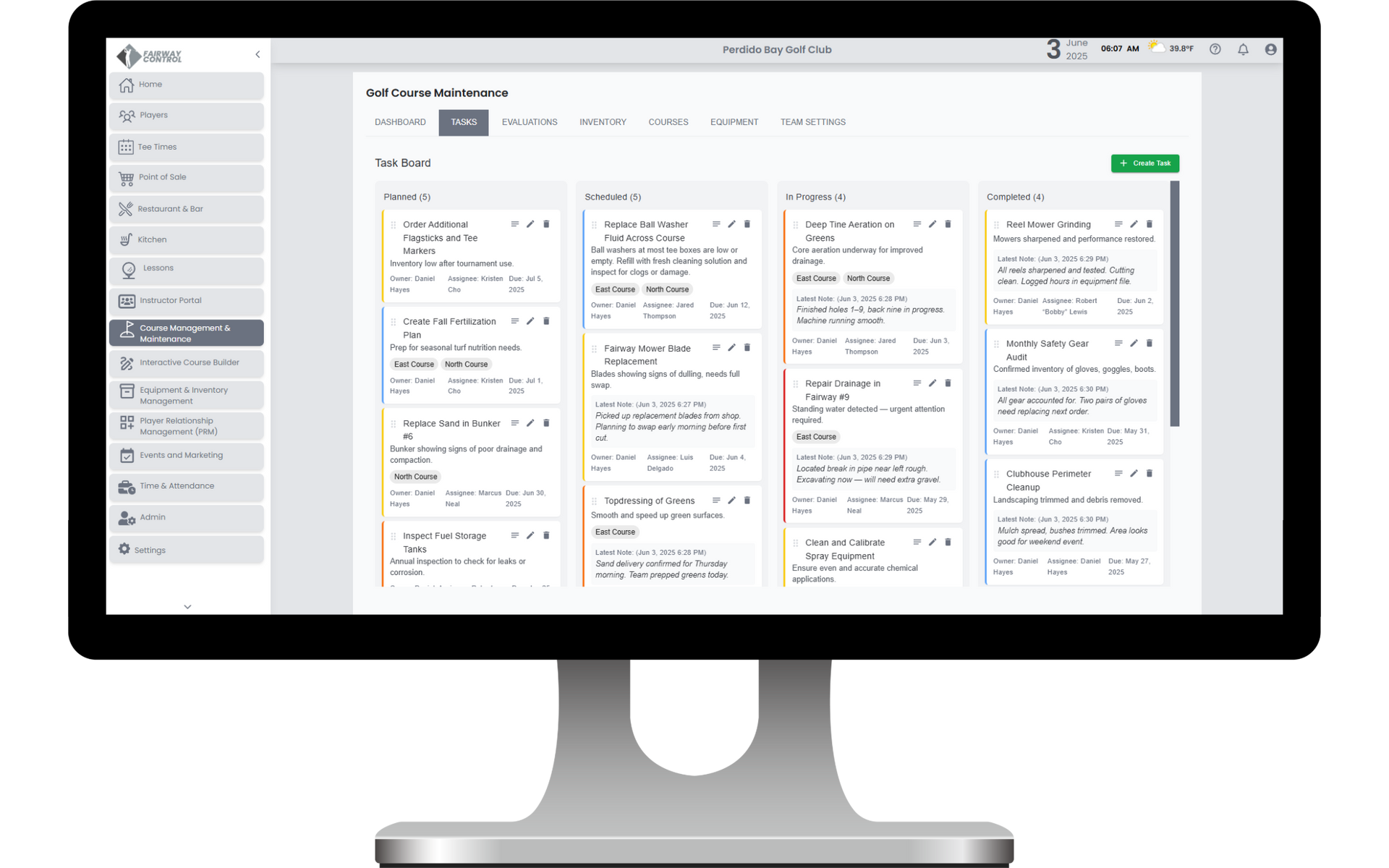 Golf course maintenance software dashboard for managing tasks, staff, and turf care on PC.