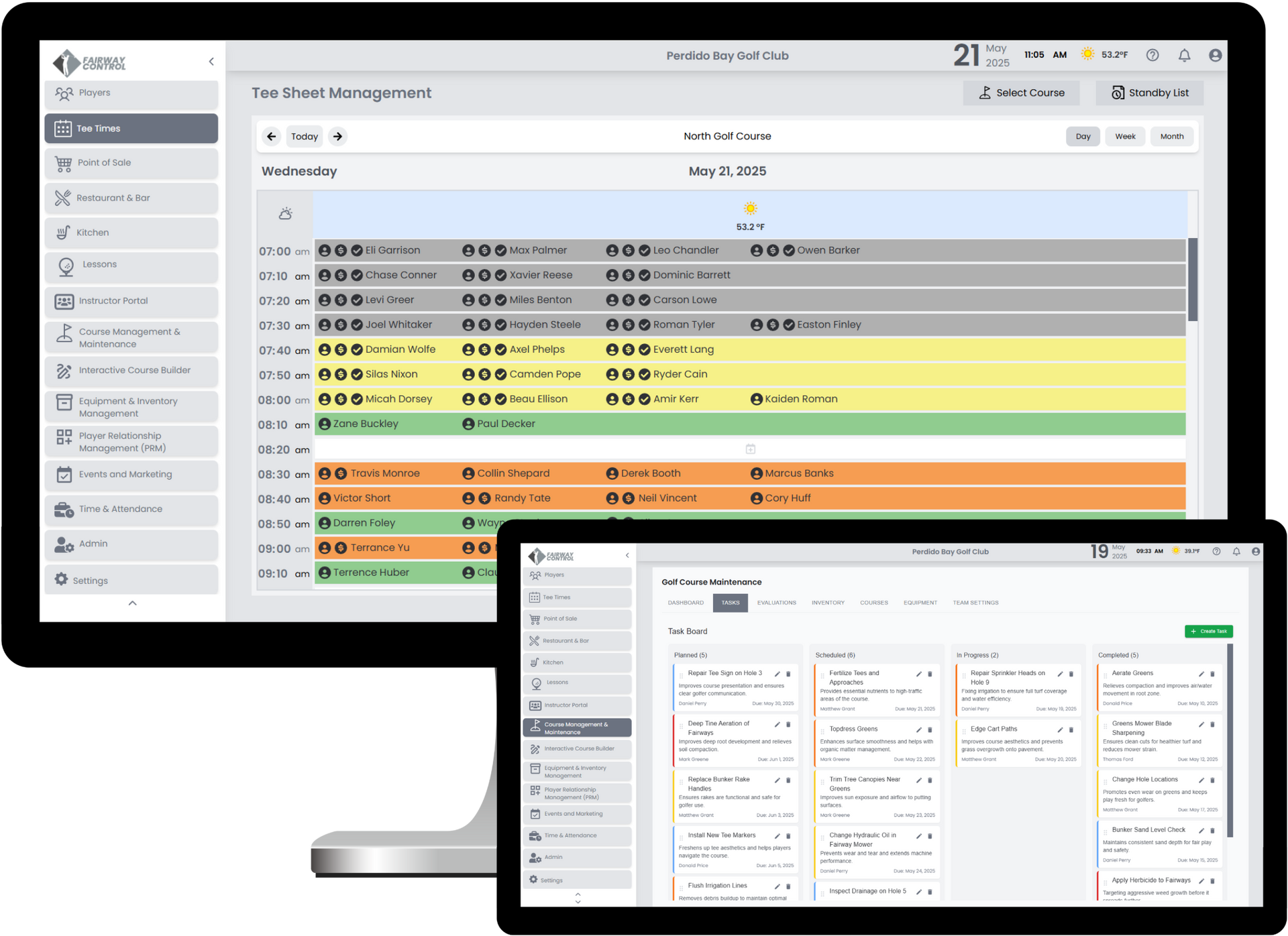 Golf club management software interface for tee time scheduling and course operations on desktop and tablet.