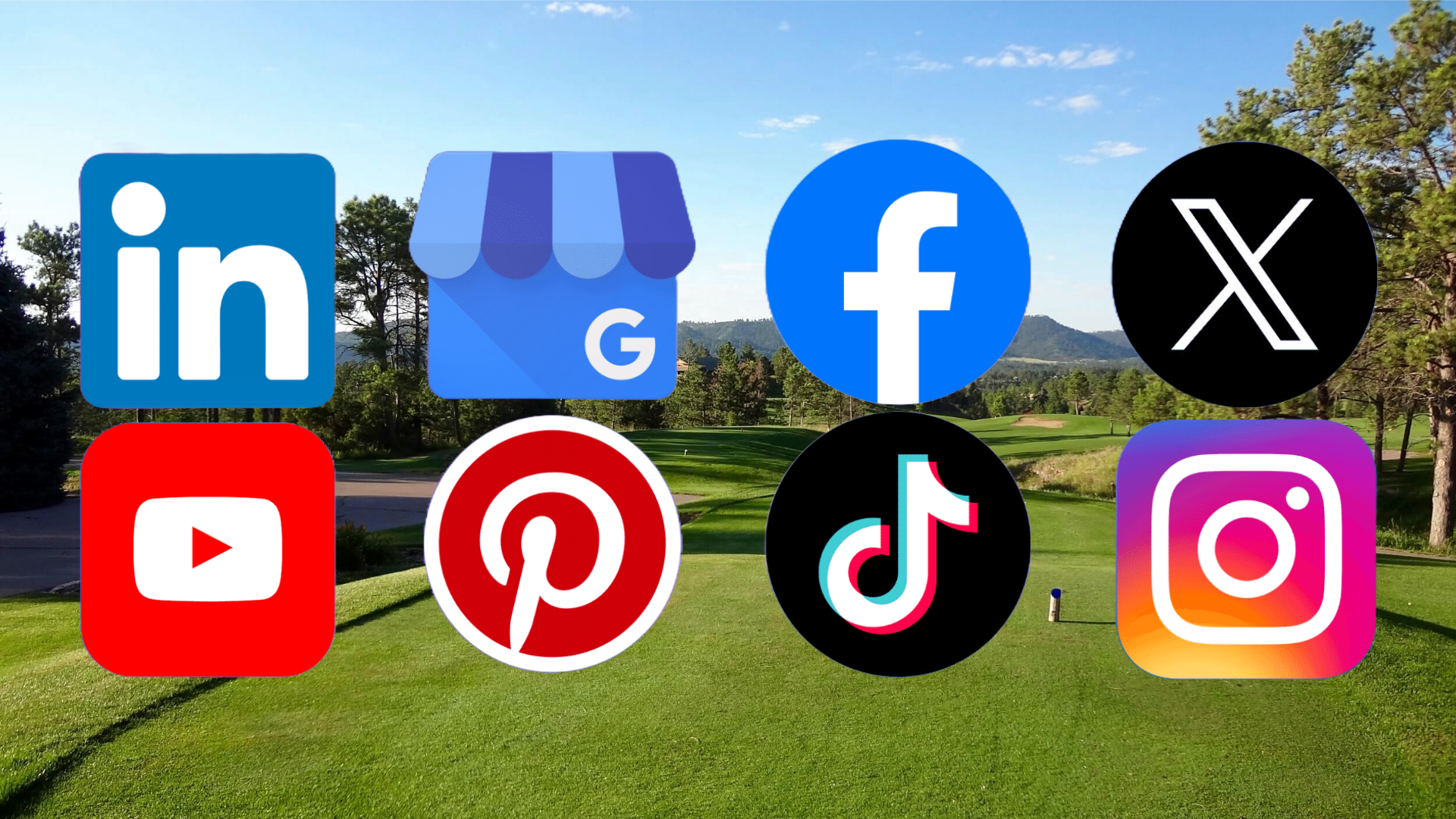 Social media icons over a golf course, symbolizing digital marketing for golf club growth.