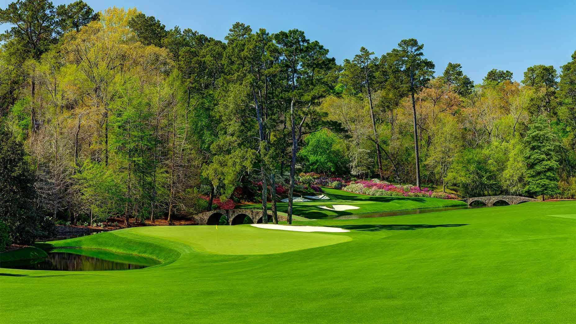 Amen Corner at Augusta National Golf Club featuring Holes 11, 12, and 13, surrounded by water, trees, and vibrant azaleas.