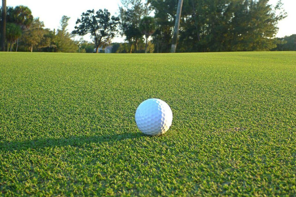 Close-up of a golf ball on dense Bermuda grass fairway, highlighting firm surface quality and superior drought-tolerant turf performance.
