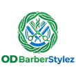 Logo for OD BarberStylez featuring green intertwined patterns around blue grooming tools, including shears and a comb.
