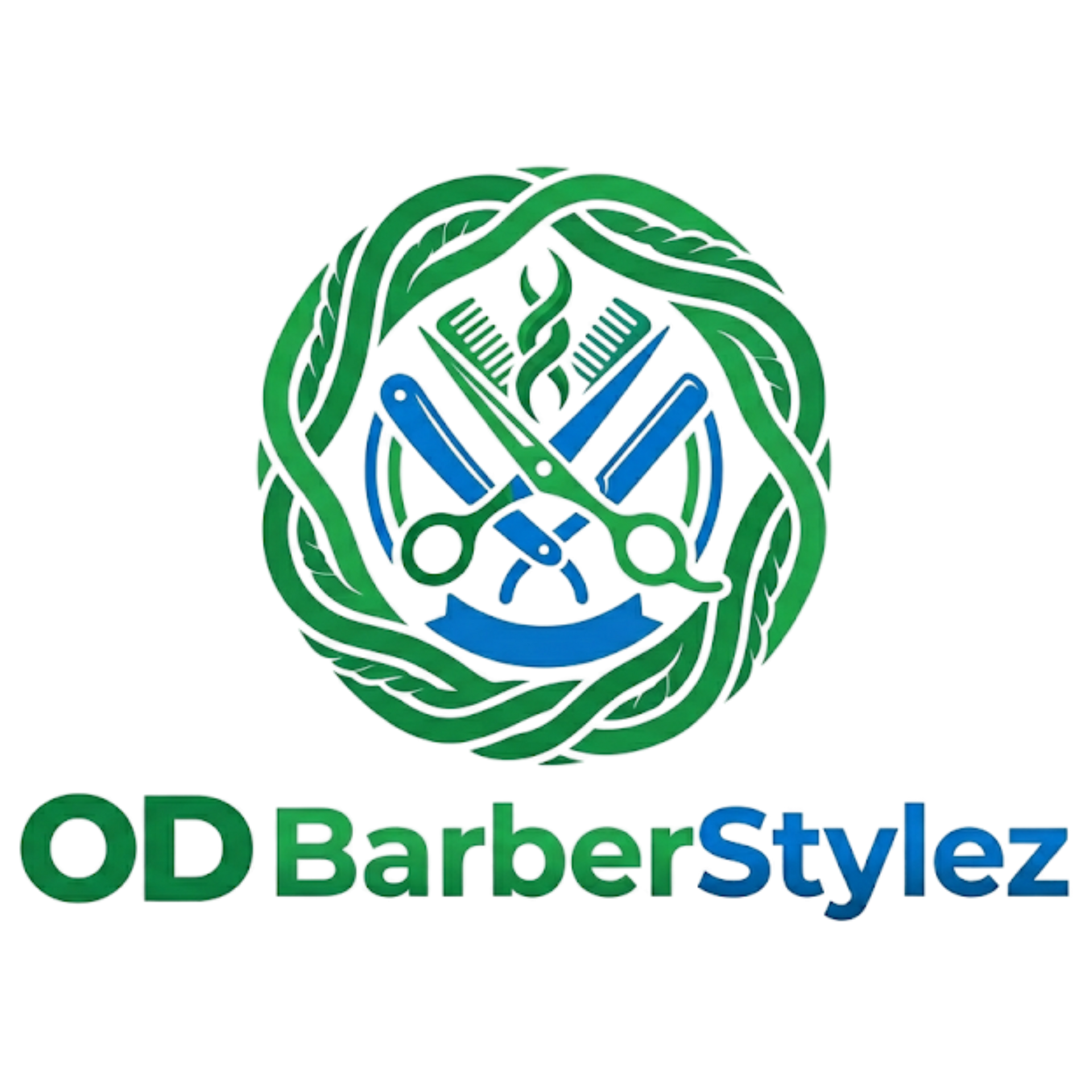 Logo for OD BarberStylez featuring green intertwined patterns around blue grooming tools, including shears and a comb.