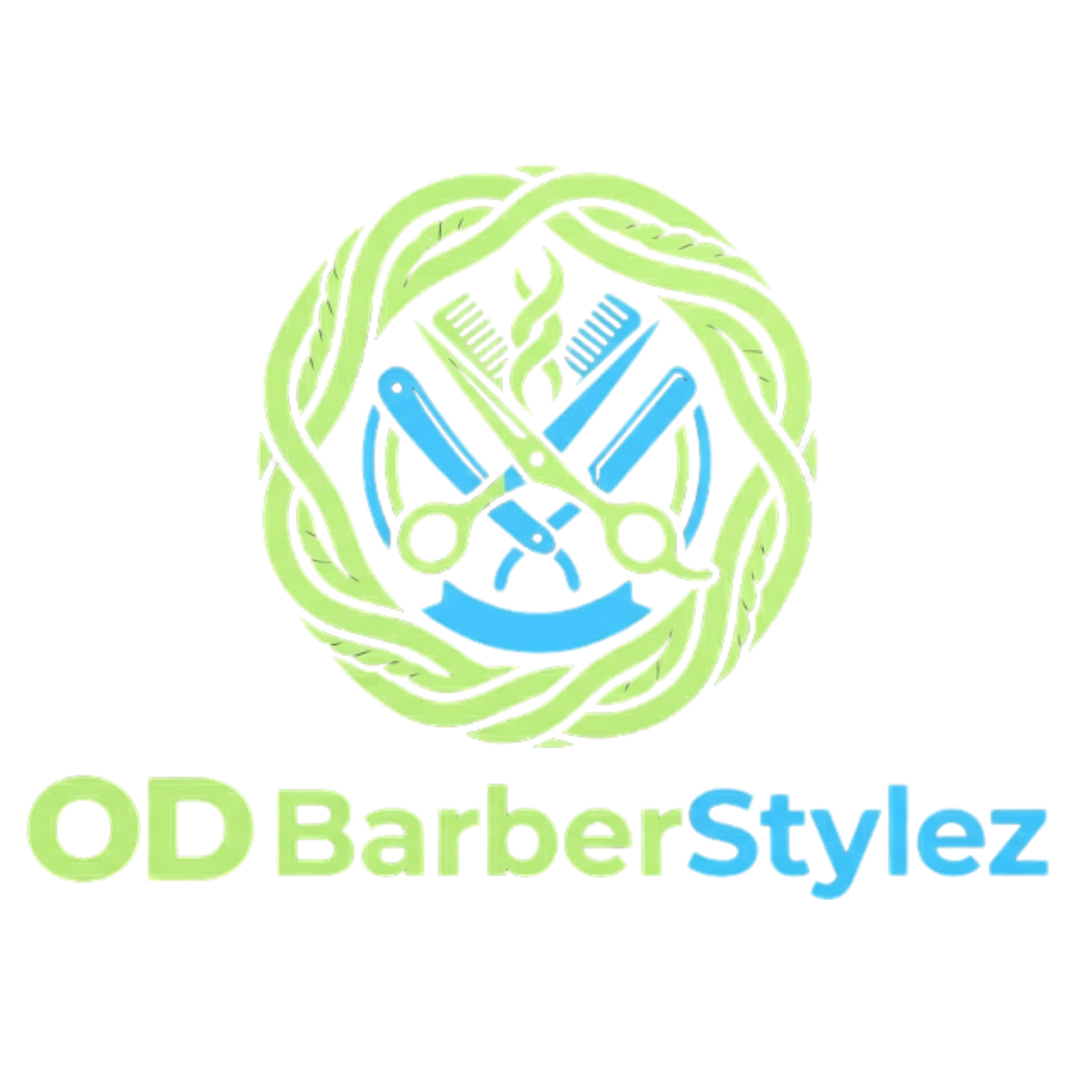 A logo featuring crossed scissors and a comb inside a light green circular vine, with 