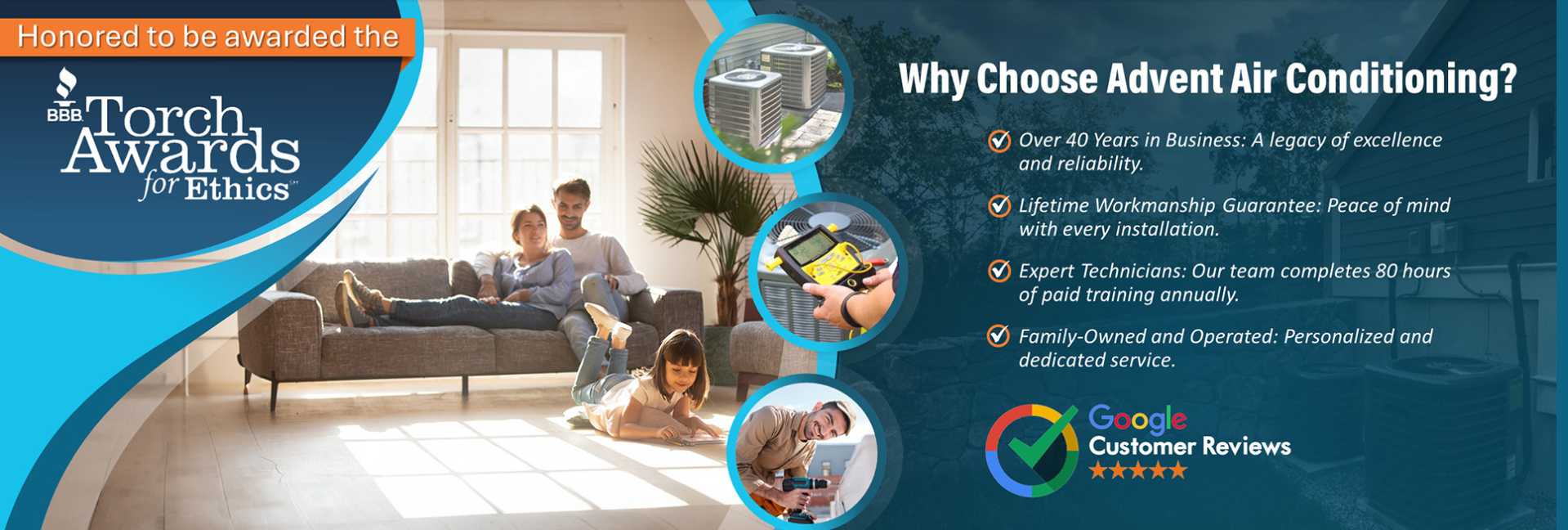 Advertisment for Advent Air Conditioning with a family and customer reviews.