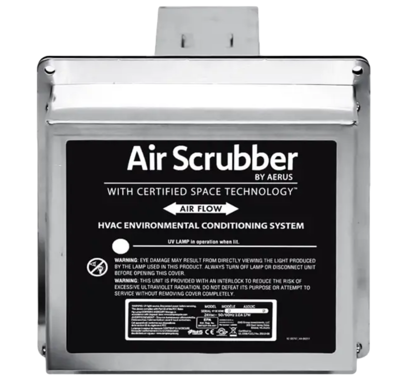 Air Scrubber HVAC unit in a silver metal case with a black label, designed for air purification.