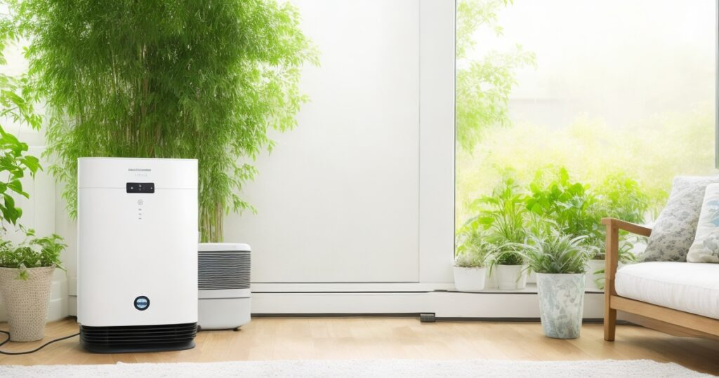 White air purifier in bright room with plants and couch.