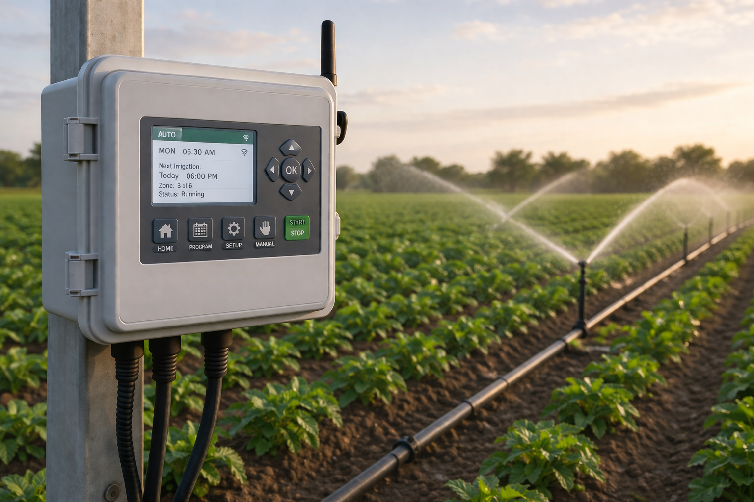 Digital irrigation controller mounted on a post in a field with operating sprinklers watering green crops at sunset.