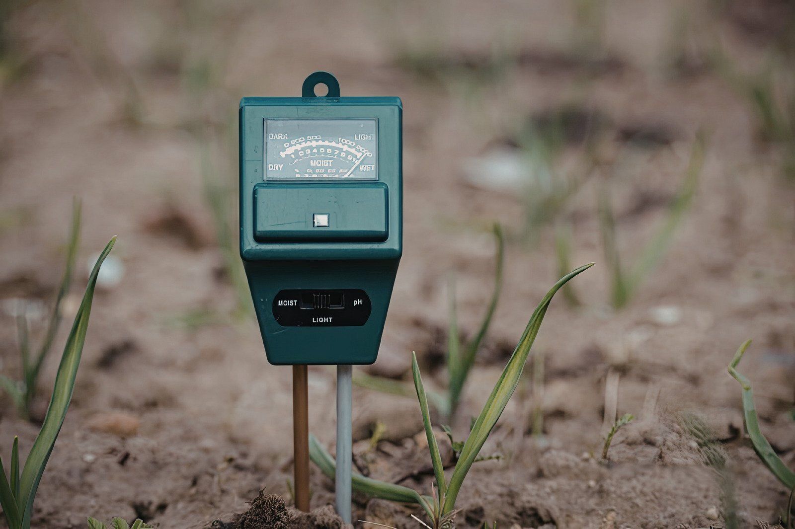 A green soil moisture and pH meter probe stands upright in garden soil near small green plants.