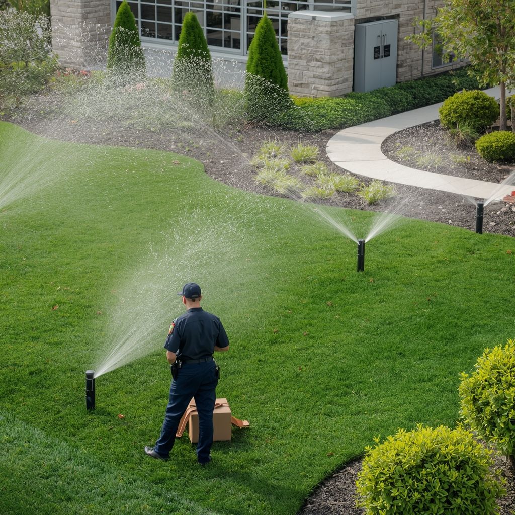 A person wearing green gloves adjusts a sprinkler head spraying water over a mulch-covered garden bed.