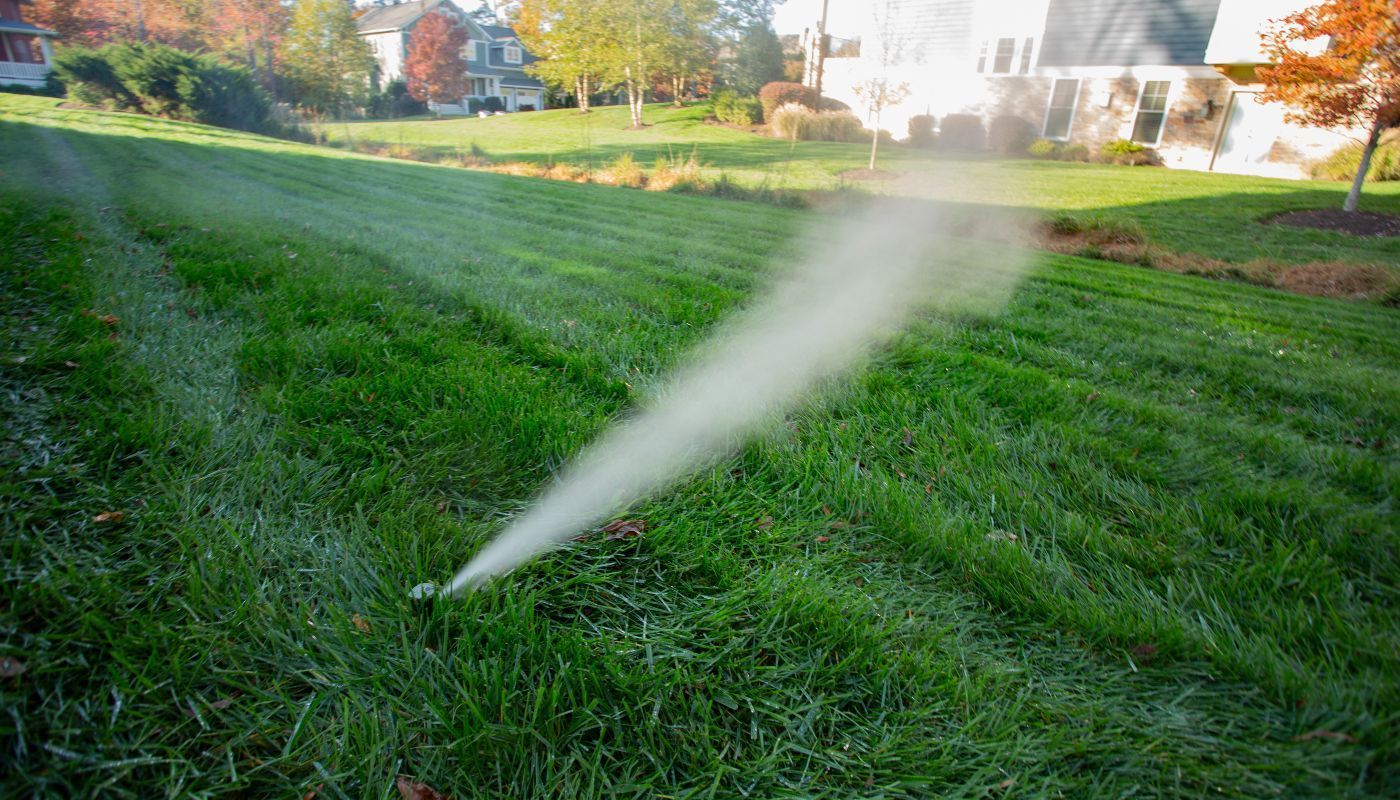 An orange hose is connected to a valve inside an irrigation box buried in the dirt.