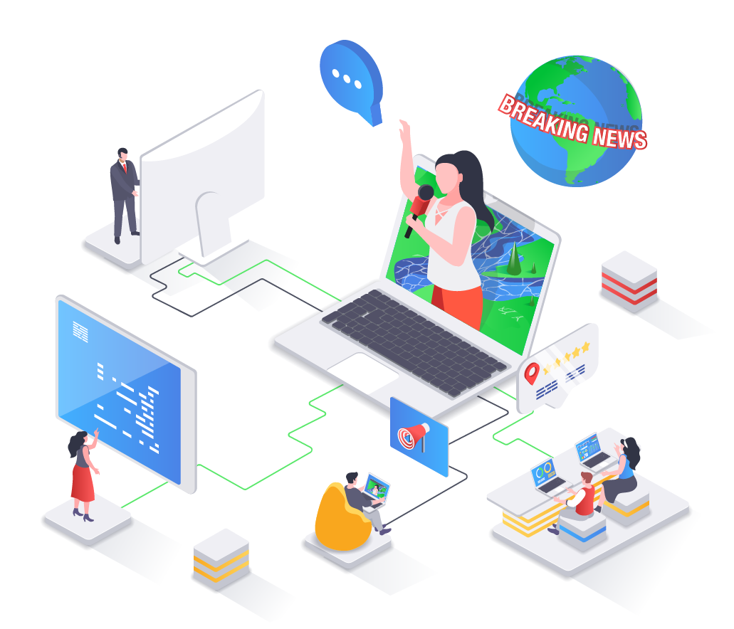 A woman is holding a microphone in front of a laptop computer.