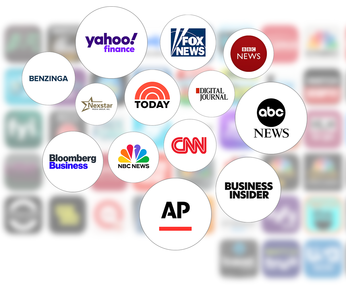 Logos of various news organizations including Yahoo Finance, Fox News, CNN, and AP arranged in circles.