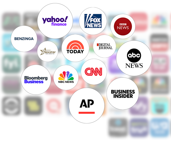Logos of various news organizations including Yahoo Finance, Fox News, CNN, and AP arranged in circles.